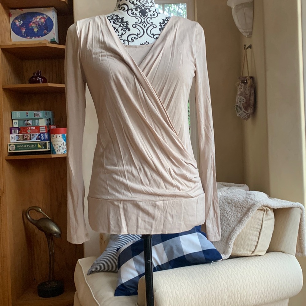 Ann Taylor Womens Draped Tan Long Sleeve Blouse Size S